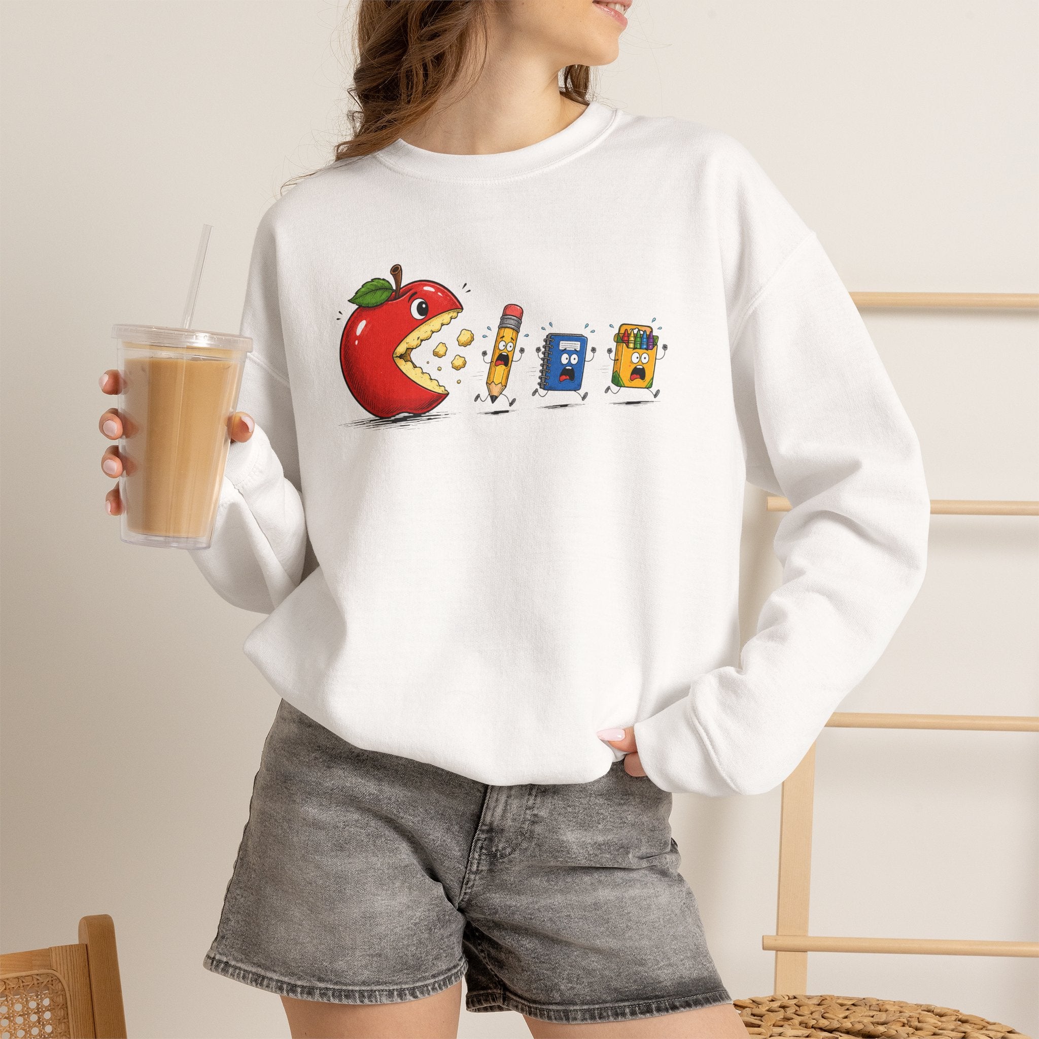 Crewneck Sweatshirt | Playful 'Apple Pac-Man' Back-to-School Graphic | Cr8tive Designs