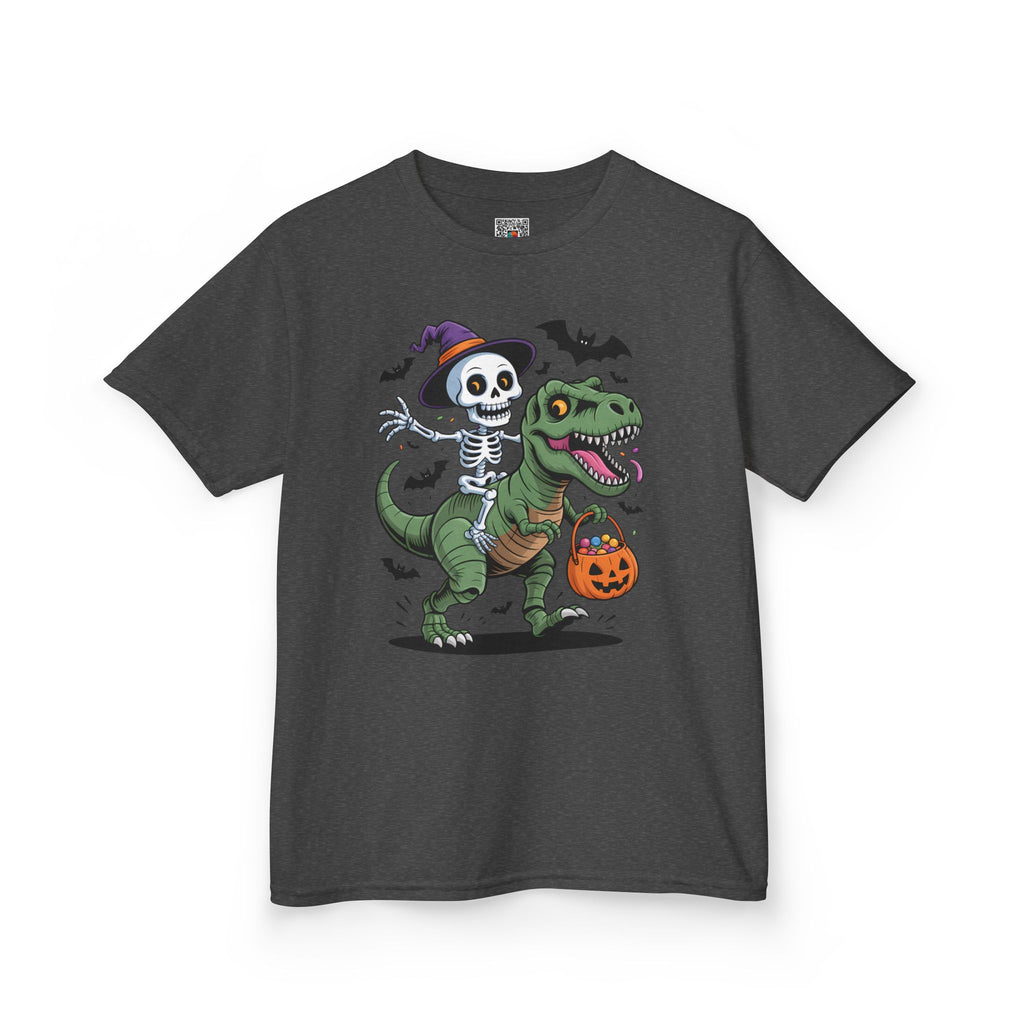 Skeleton Riding T-Rex Youth T-Shirt | Spooky Dino Halloween Kids Tee | Cr8tive Designs