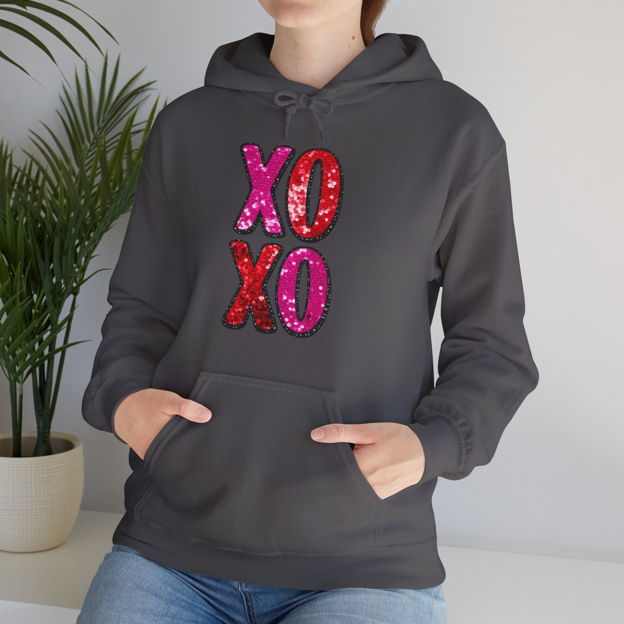 Valentine XO Hoodie – Pink & Red Faux Glitter Kisses Pullover