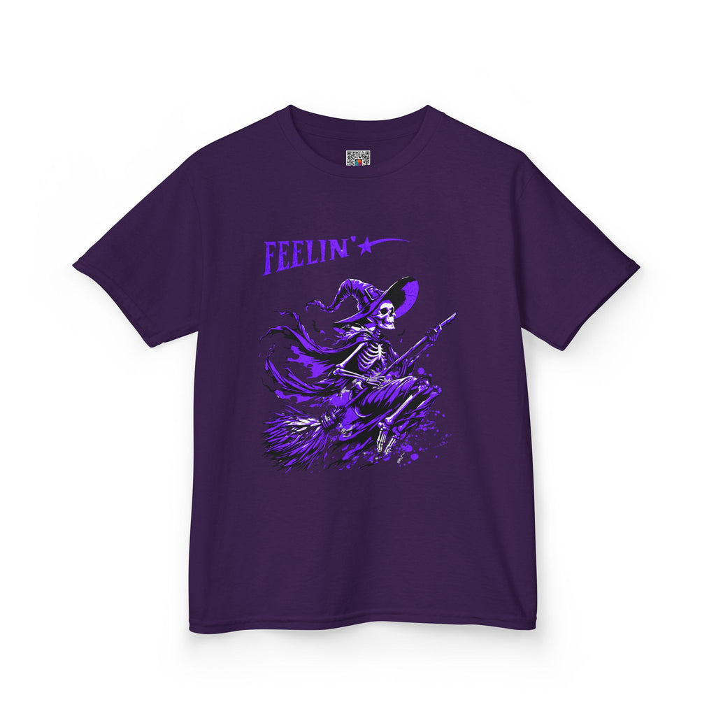 Kids Witch Broom Tee "Feelin'" | Purple Witch Flying Graphic T‑Shirt | Cr8tive Designs