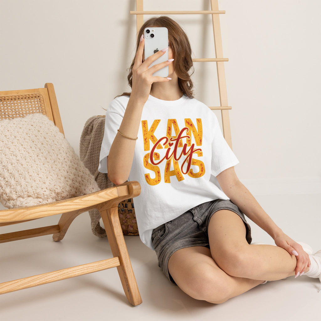Kansas City Graphic T-Shirt | Distressed Red & Gold Script Football Apparel | Cr8tive Designs