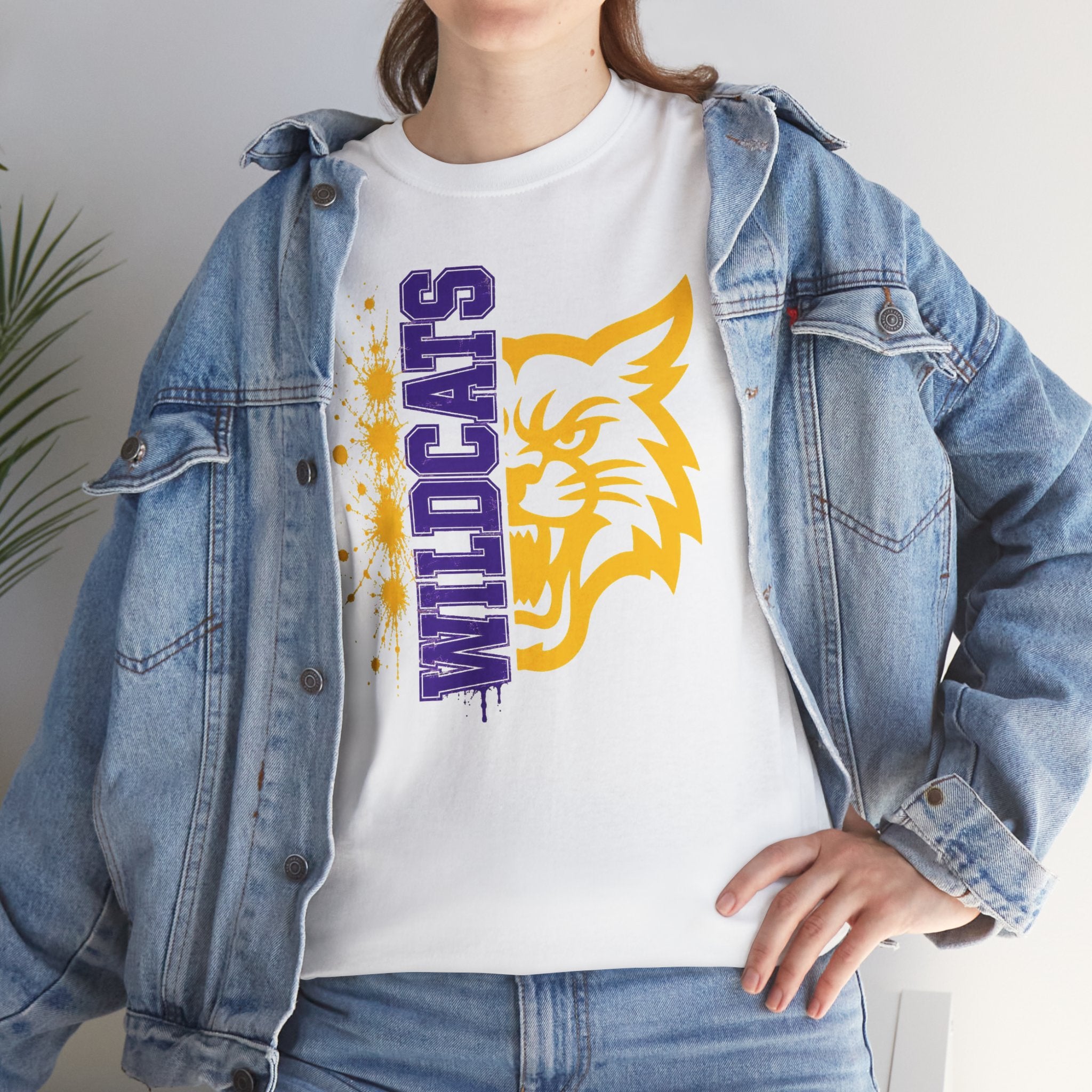 Wildcats Vertical Mascot | Purple & Gold School Spirit T-Shirt | Cr8tive Designs