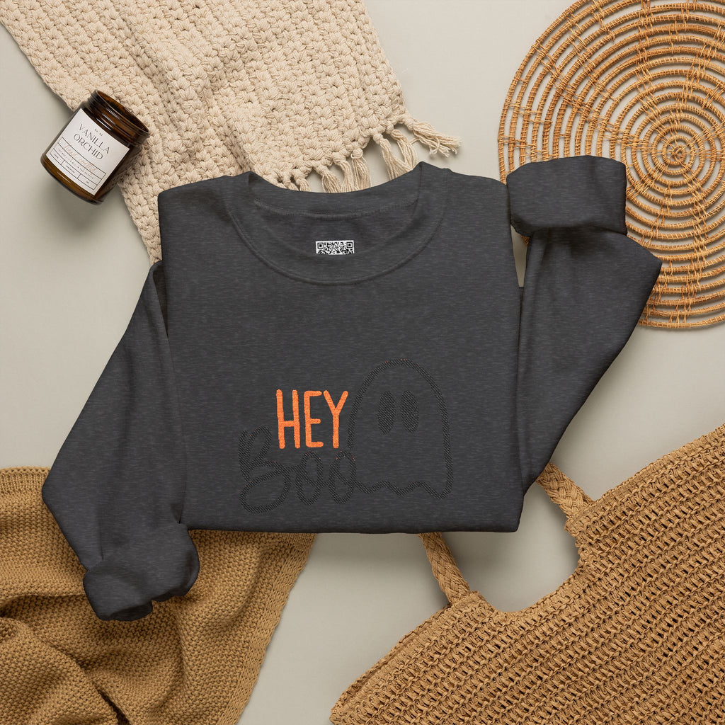 Embroidered Hey Boo Sweatshirt | Cute Ghost Halloween Crewneck | Cr8tive Designs
