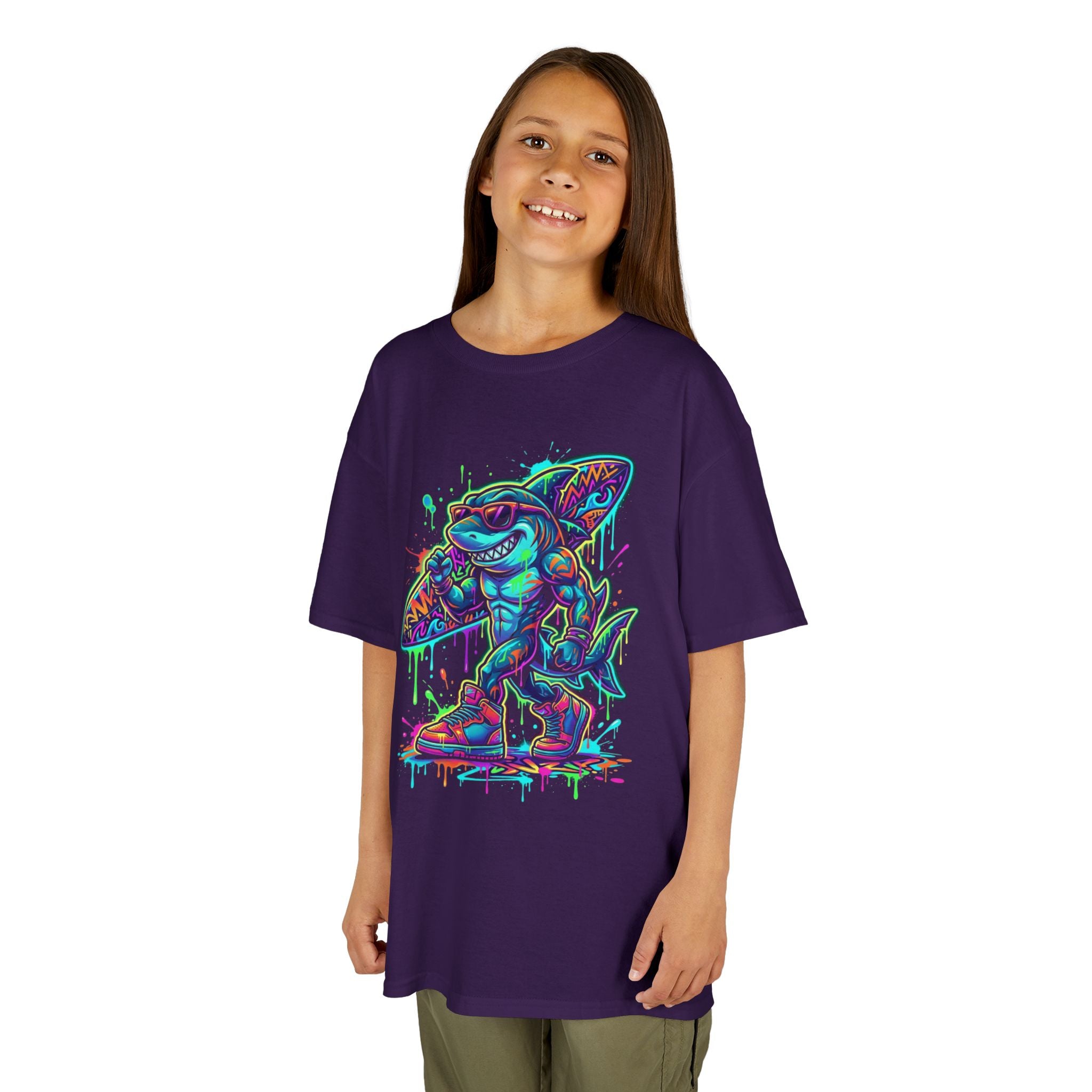 Kids Surfing Shark T‑Shirt — Neon Drip Graphic Tee | Cr8tive Designs