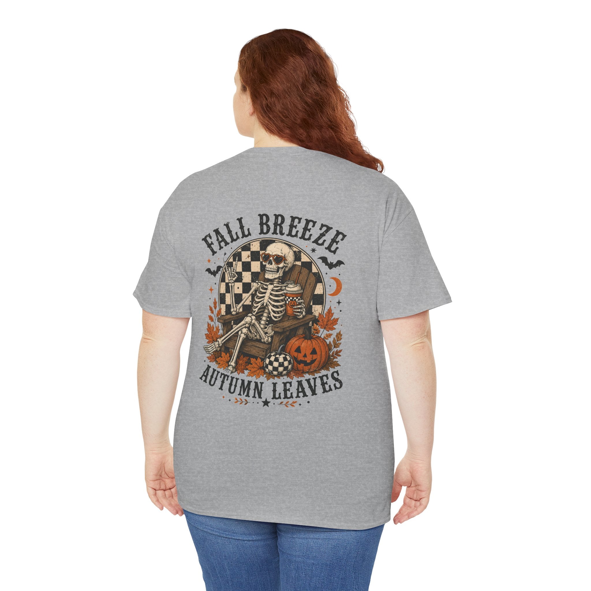 Fall Breeze Autumn Leaves Skeleton Tee | Double Sided Halloween Graphic Tee | Cr8tive Designs