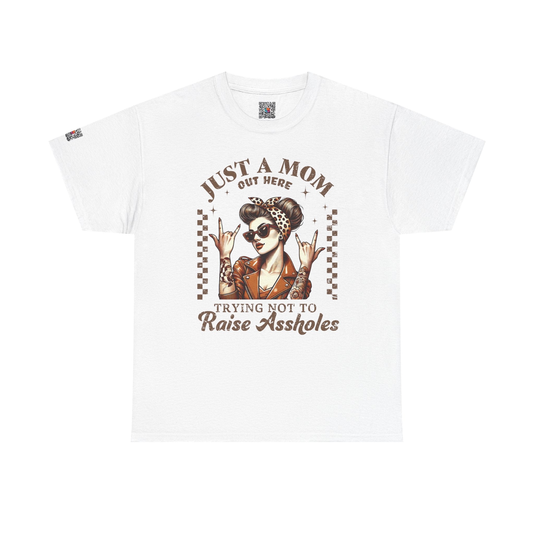 Just a Mom Trying Not to Raise A**holes – Funny Real Life Mom Tee, Trendy Graphic Shirt | Cr8tive Designs