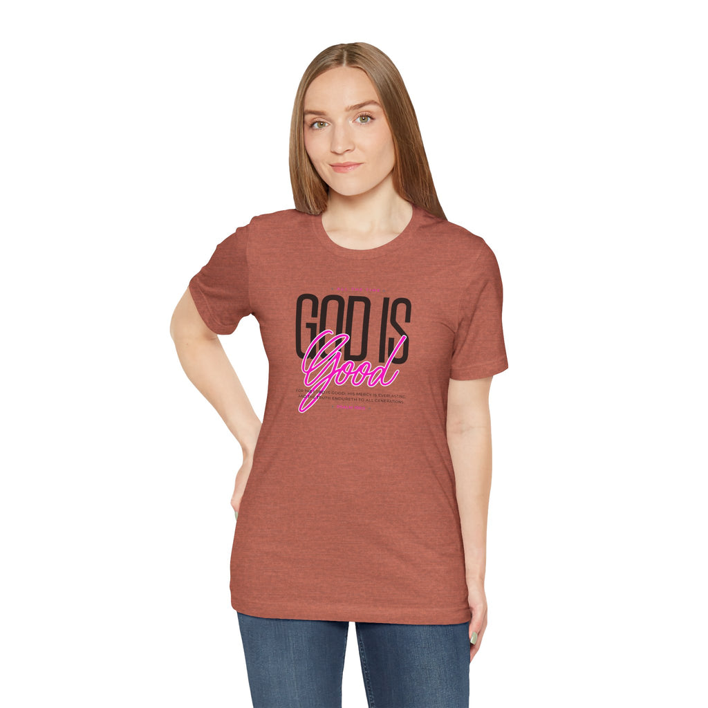 God Is Good T-Shirt | Faith Christian Tee with Pink Script | Cr8tive Designs
