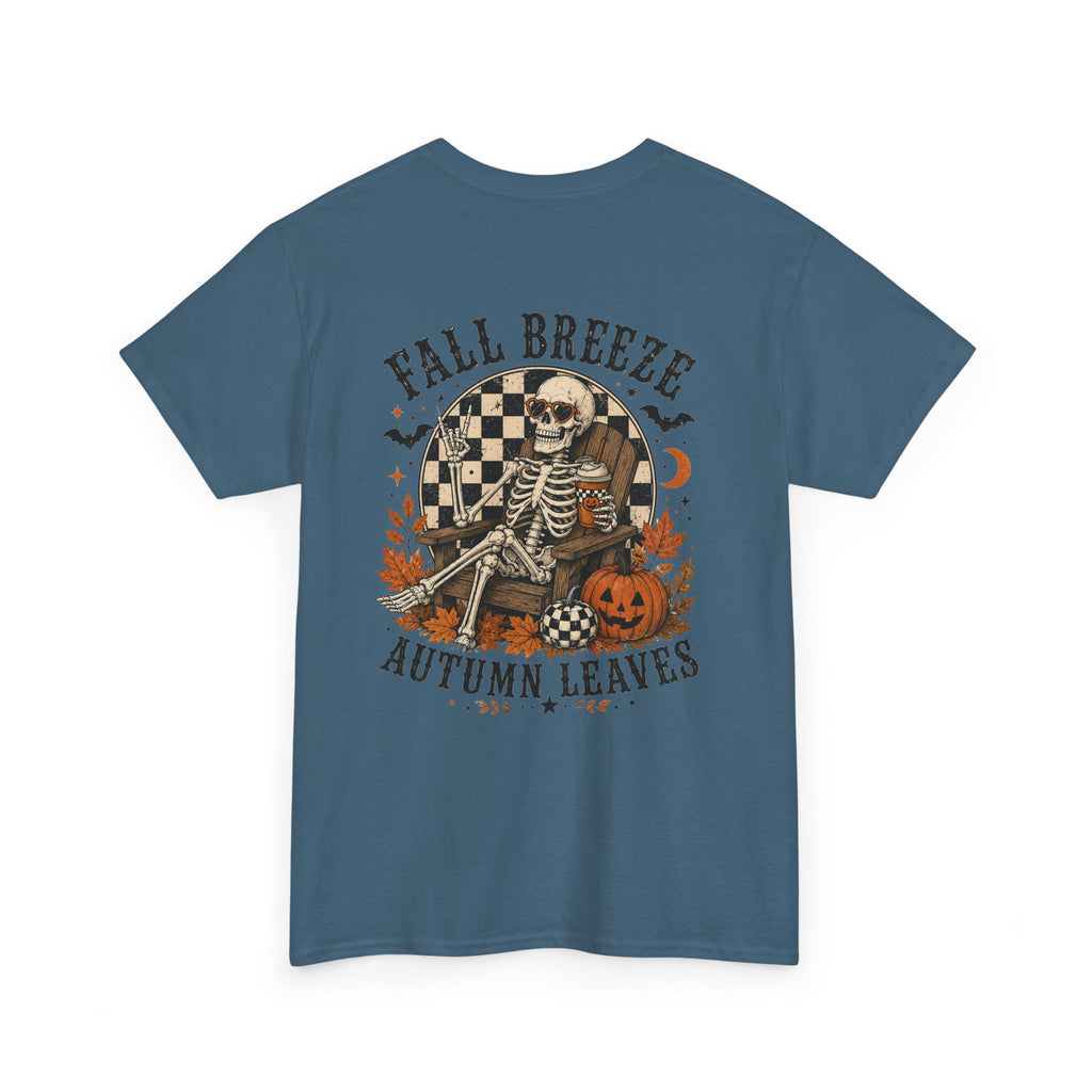Fall Breeze Autumn Leaves Skeleton Tee | Double Sided Halloween Graphic Tee | Cr8tive Designs