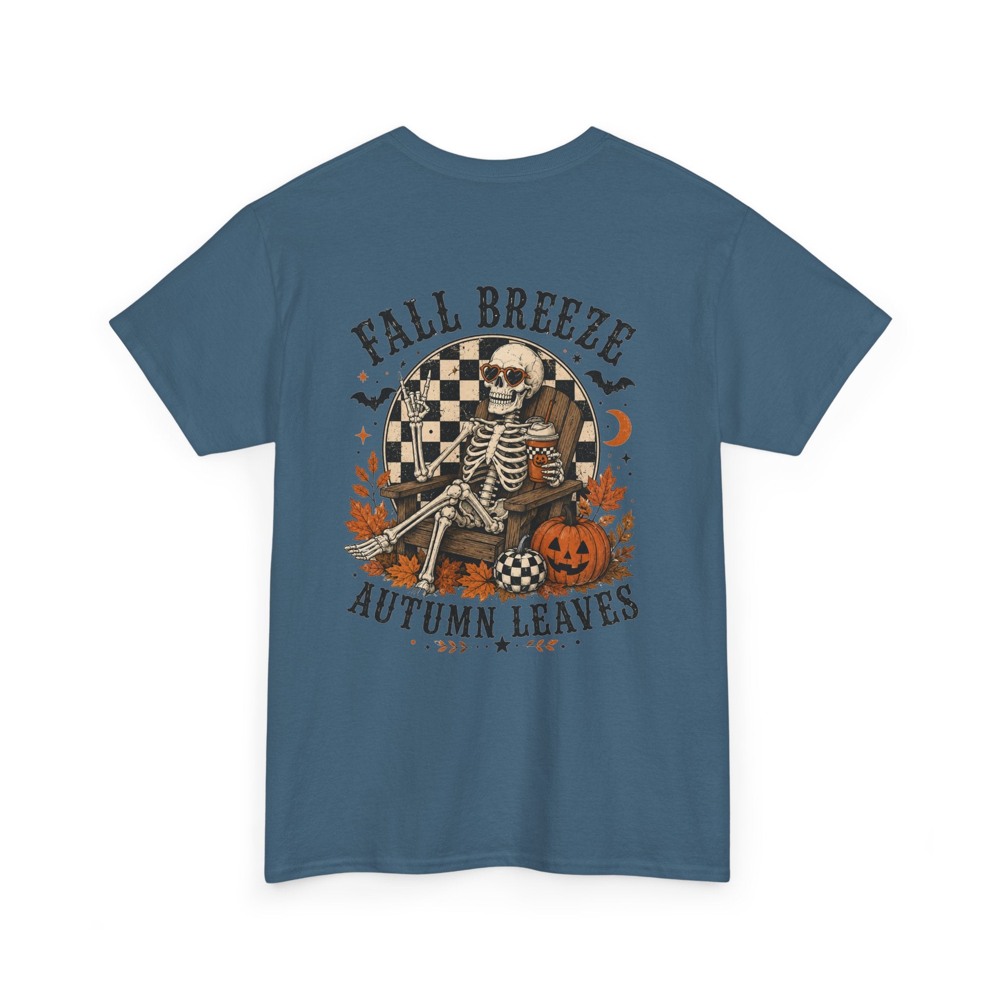Fall Breeze Autumn Leaves Skeleton Tee | Double Sided Halloween Graphic Tee | Cr8tive Designs