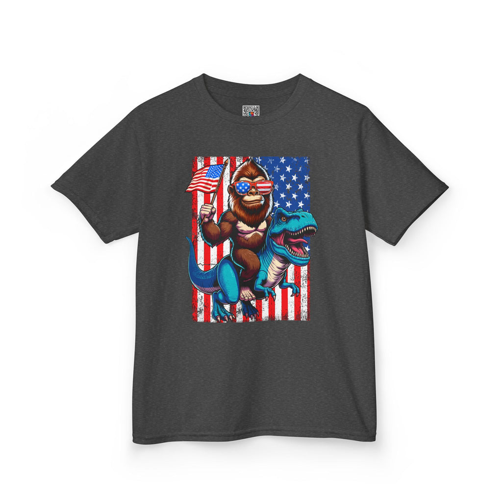 Kids Patriotic Dino Tee – T-Rex Riding Dinosaur with American Flag | Cr8tive Designs