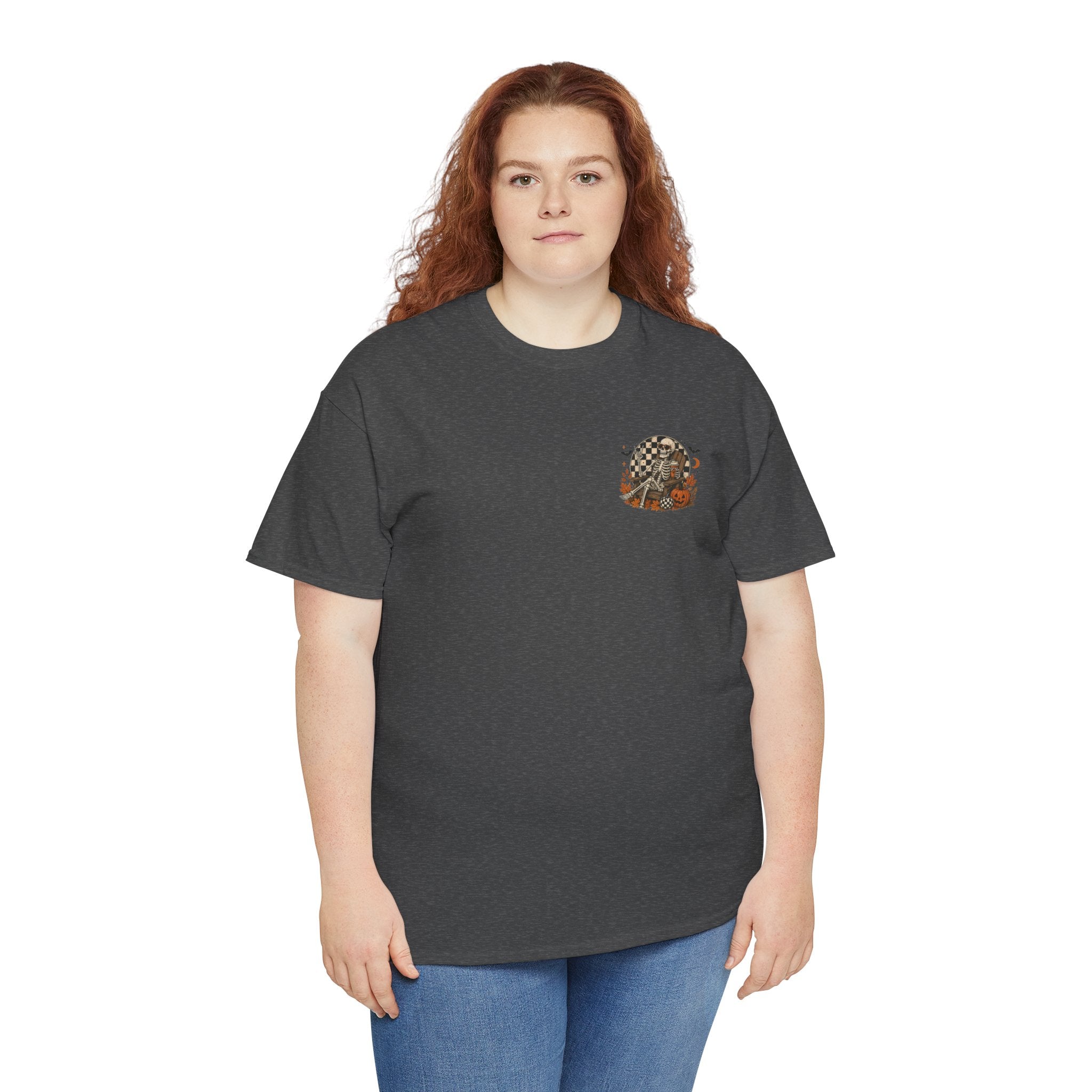 Fall Breeze Autumn Leaves Skeleton Tee | Double Sided Halloween Graphic Tee | Cr8tive Designs