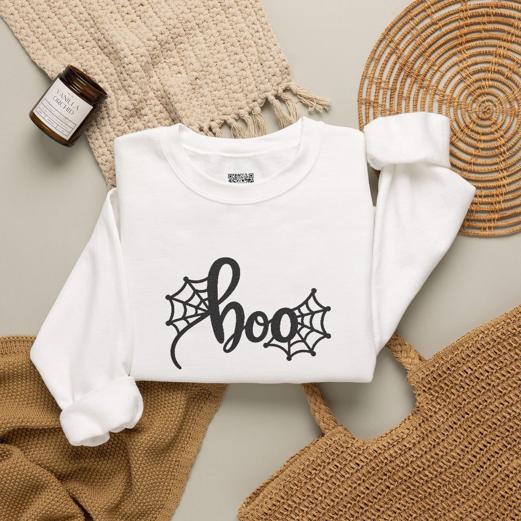 Embroidered Boo Spiderweb Sweatshirt | Retro Spider Web Halloween Sweatshirt | Cr8tive Designs