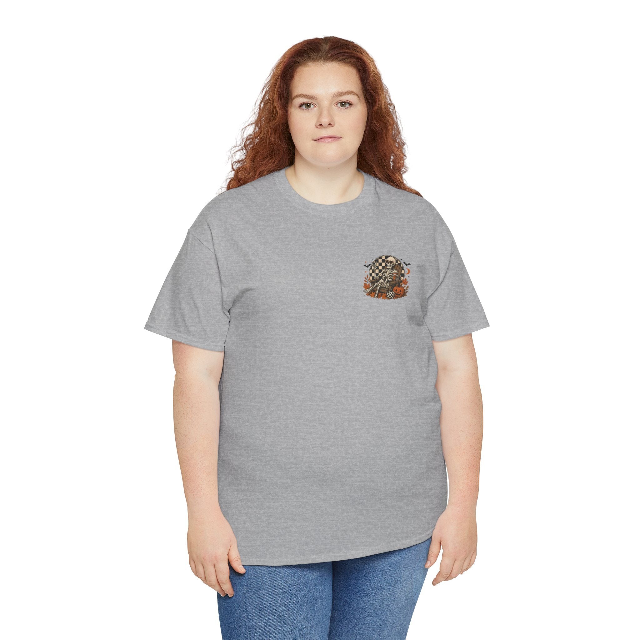 Fall Breeze Autumn Leaves Skeleton Tee | Double Sided Halloween Graphic Tee | Cr8tive Designs