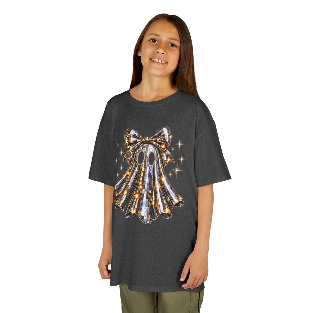 Disco Ball Ghost With Bow T-Shirt | Cute Spooky Sparkle Halloween Tee | Cr8tive Designs