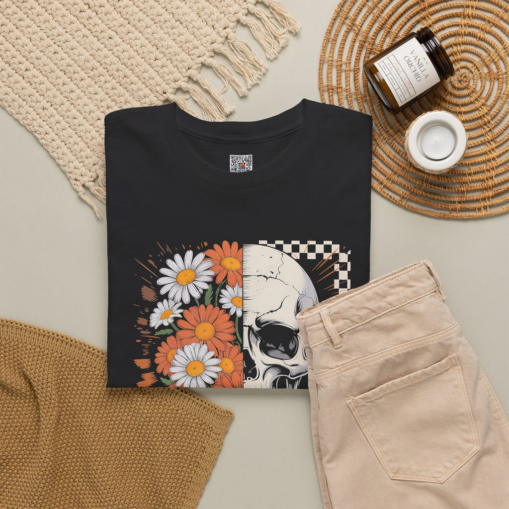 Half Floral Half Skull T-Shirt | Daisy Flower Skull Fall Graphic Tee | Cr8tive Designs