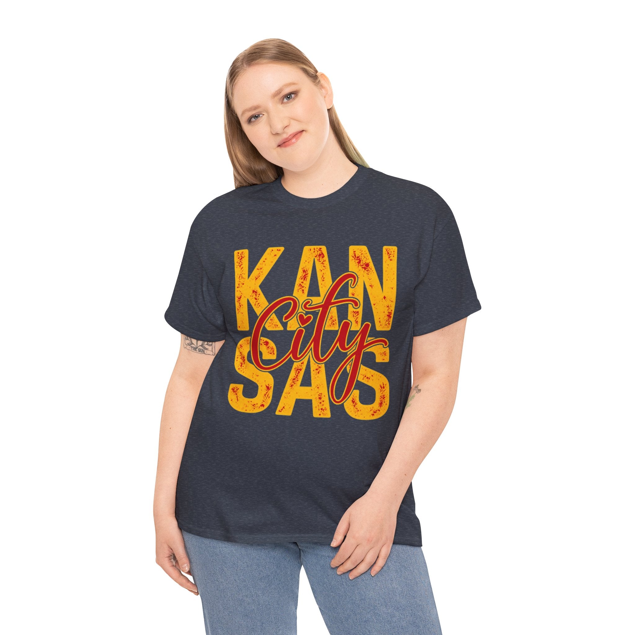 Kansas City Graphic T-Shirt | Distressed Red & Gold Script Football Apparel | Cr8tive Designs