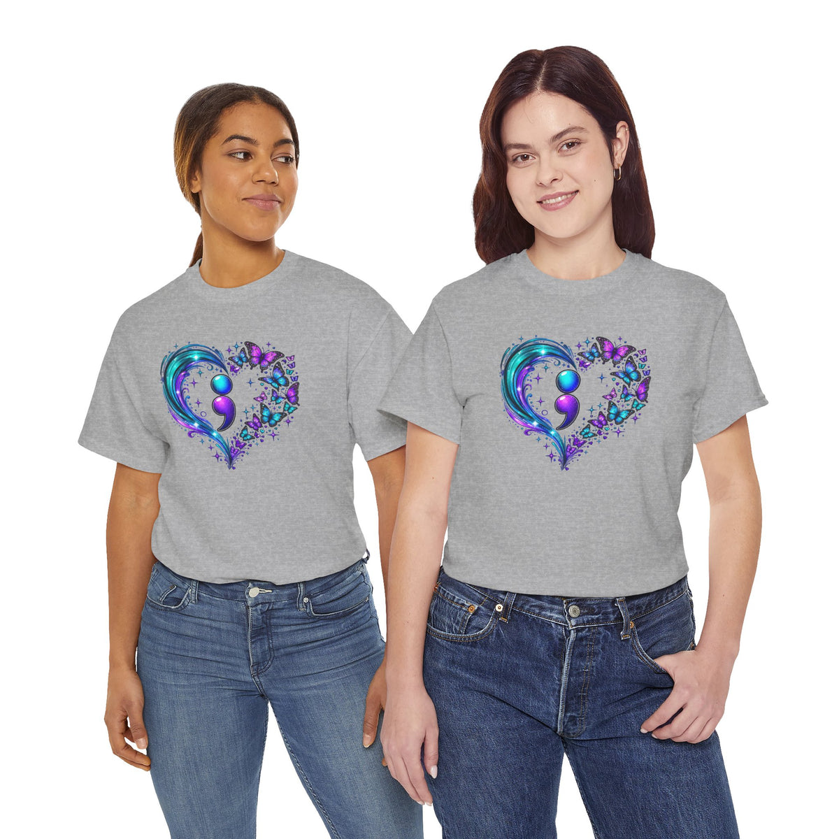 Semicolon Butterfly Heart T-Shirt | Teal & Purple Mental Health Awareness Graphic Tee | Cr8tive Designs