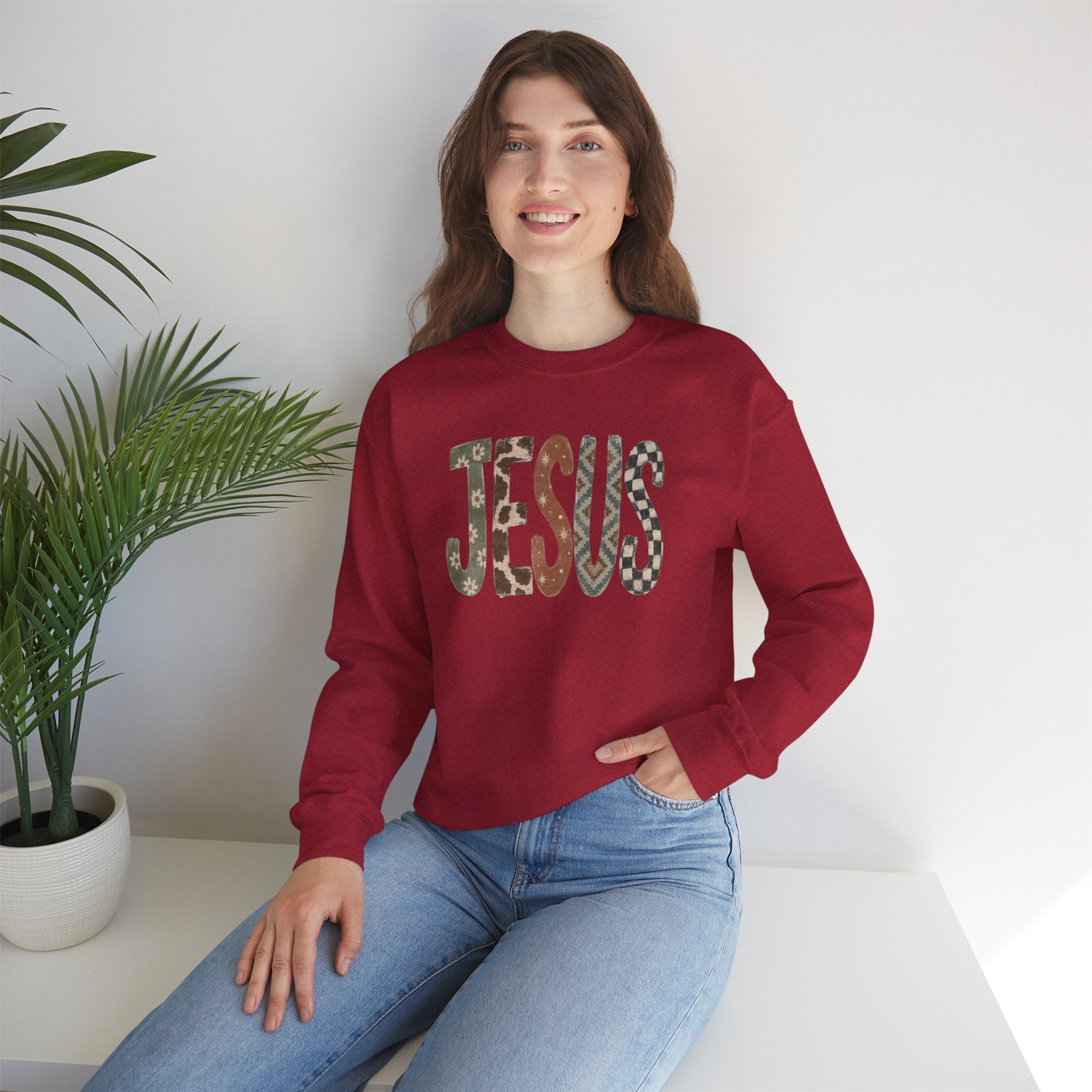 Patterned Jesus Western Sweatshirt | Southwestern Cow Print Faith Crewneck | Cr8tive Designs