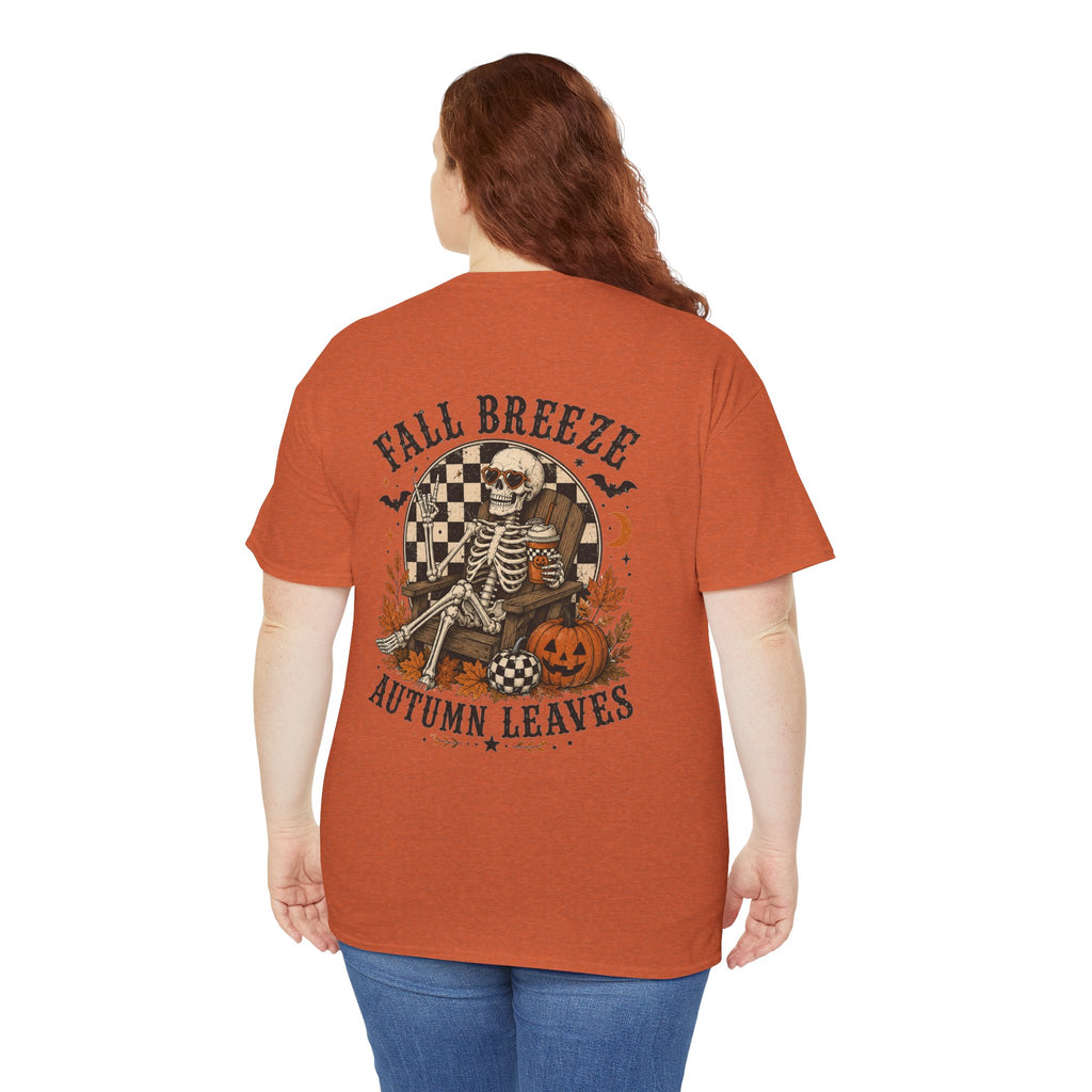 Fall Breeze Autumn Leaves Skeleton Tee | Double Sided Halloween Graphic Tee | Cr8tive Designs