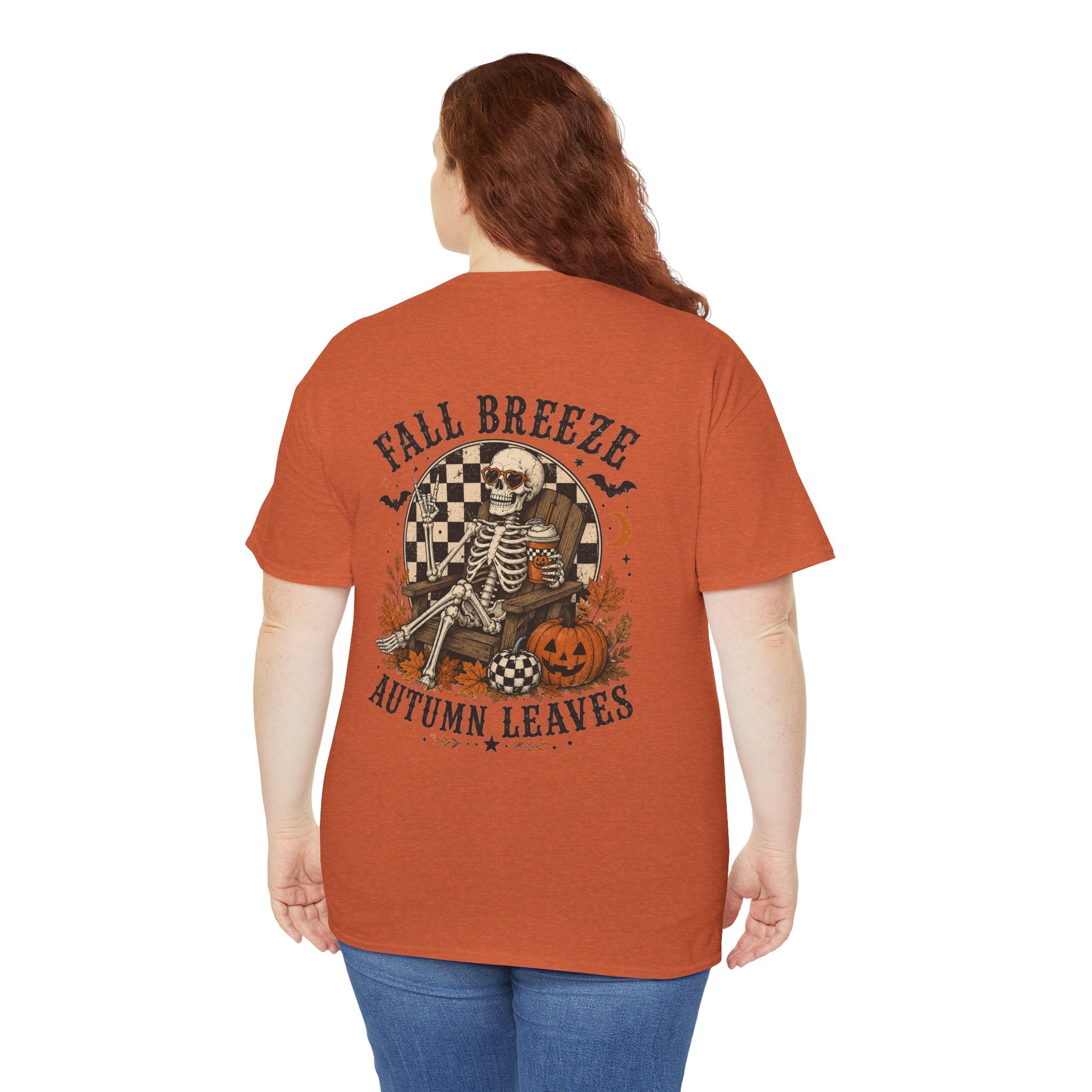 Fall Breeze Autumn Leaves Skeleton Tee | Double Sided Halloween Graphic Tee | Cr8tive Designs