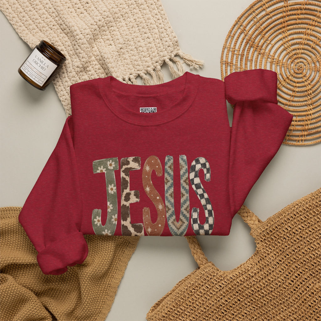 Patterned Jesus Western Sweatshirt | Southwestern Cow Print Faith Crewneck | Cr8tive Designs