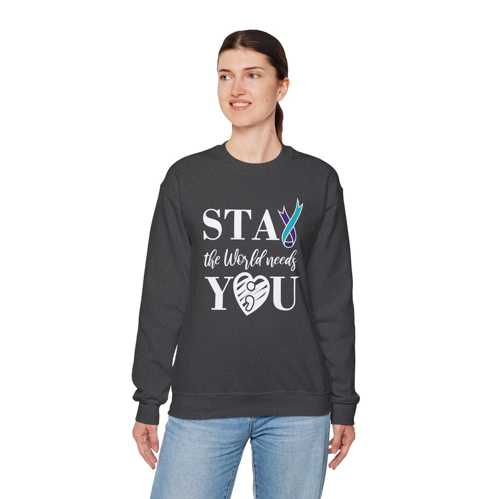 STAY The World Needs You Sweatshirt | Semicolon Ribbon Mental Health Crewneck | Cr8tive Designs