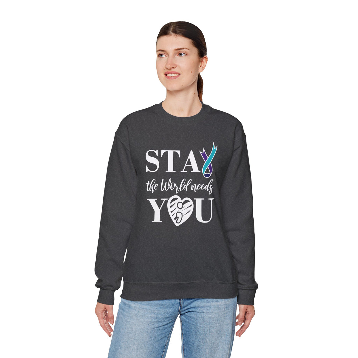 STAY The World Needs You Sweatshirt | Semicolon Ribbon Mental Health Crewneck | Cr8tive Designs