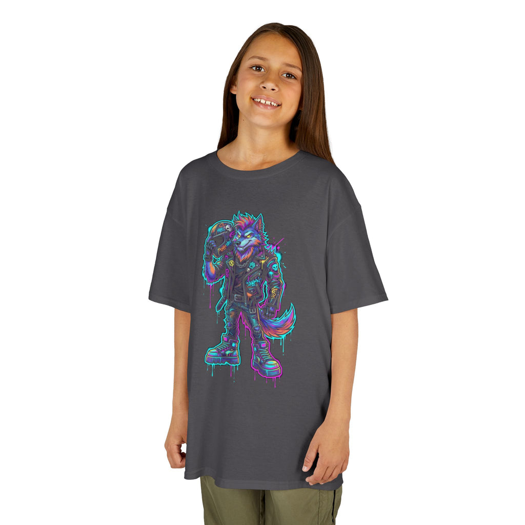 Kids Wolf Character Tee | Neon Cyberpunk Fox-Wolf Gamer Shirt | Cr8tive Designs