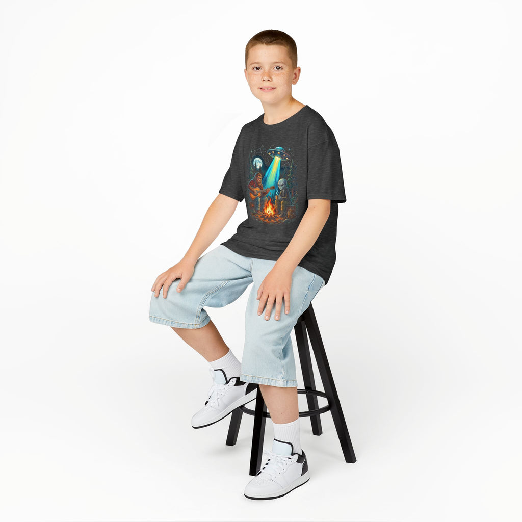 Bigfoot and Alien Campfire Youth T-Shirt | Retro UFO Campfire Boys Tee | Cr8tive Designs