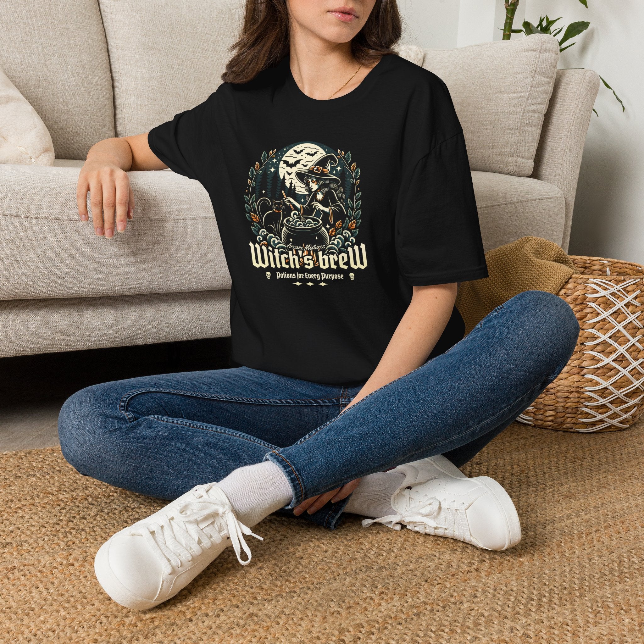 Witch's Brew T-Shirt | Vintage Moonlit Witch Cauldron Graphic | Cr8tive Designs