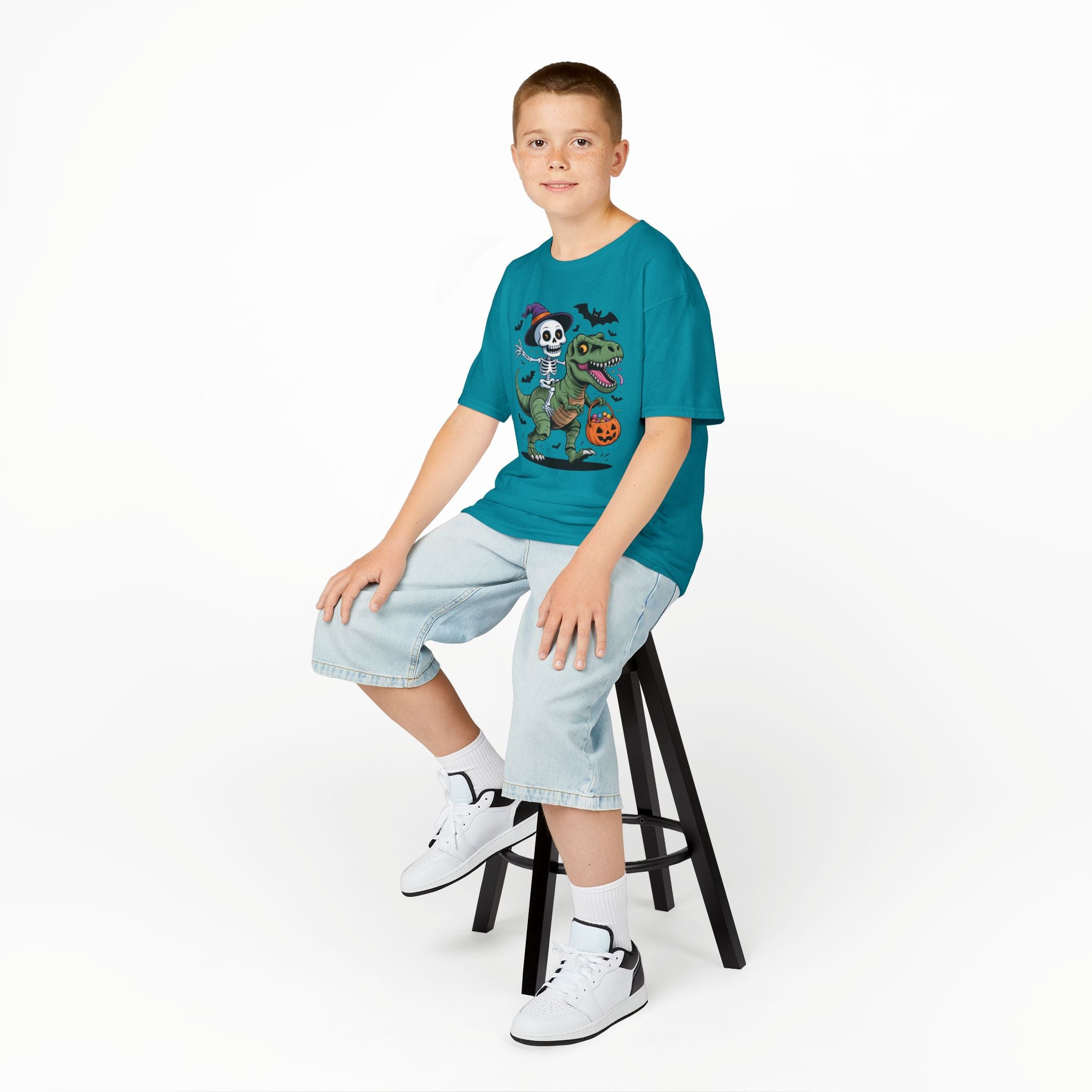 Skeleton Riding T-Rex Youth T-Shirt | Spooky Dino Halloween Kids Tee | Cr8tive Designs
