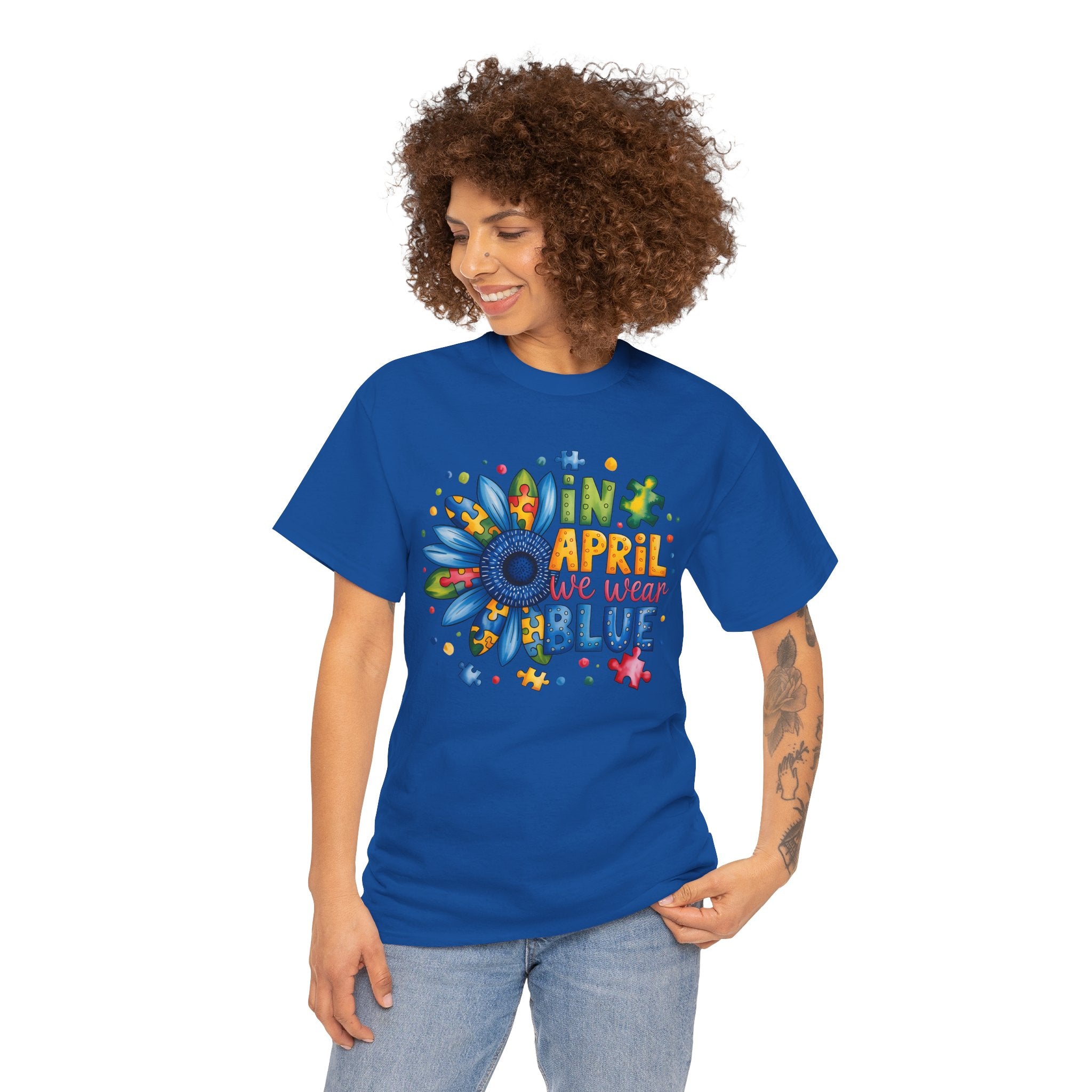 Autism Awareness Month Shirt | In April We Wear Blue | Colorful Puzzle Flower Unisex Graphic Tee | Cr8tive Designs