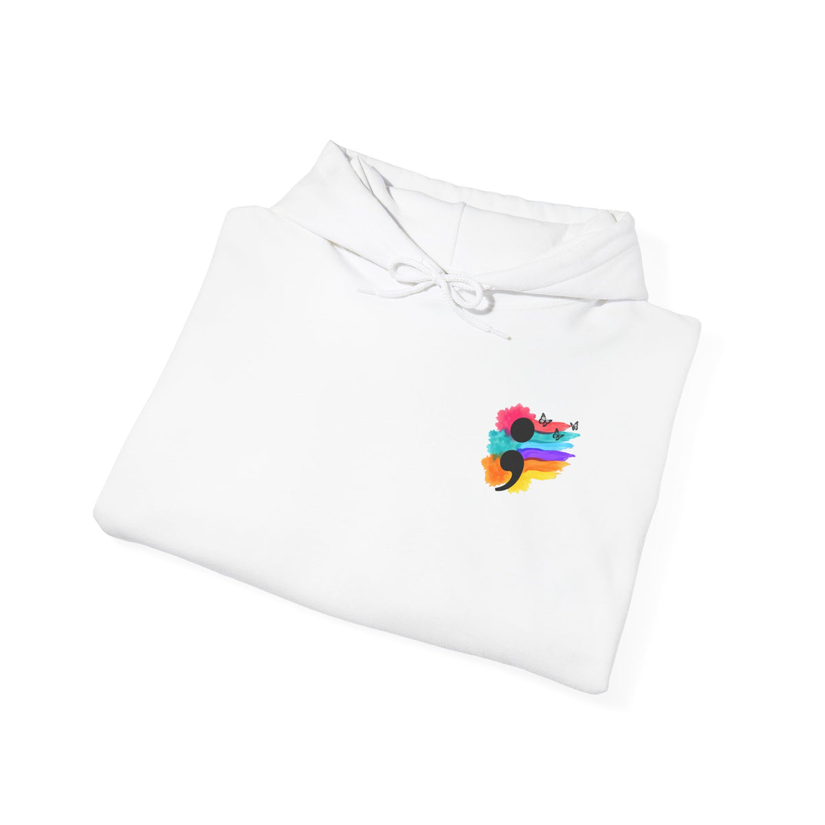 Watercolor Semicolon Hoodie | Rainbow Splash Mental Health Pocket Print Pullover | Cr8tive Designs