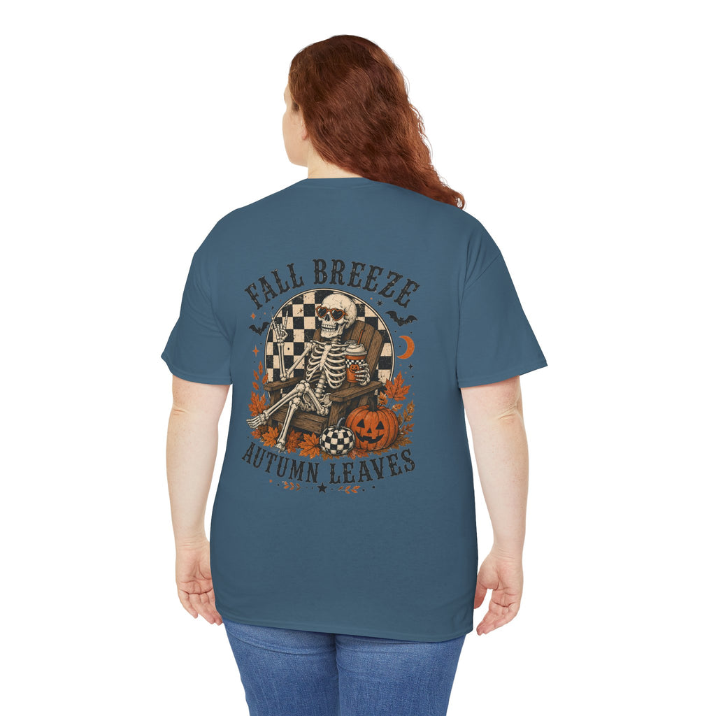 Fall Breeze Autumn Leaves Skeleton Tee | Double Sided Halloween Graphic Tee | Cr8tive Designs