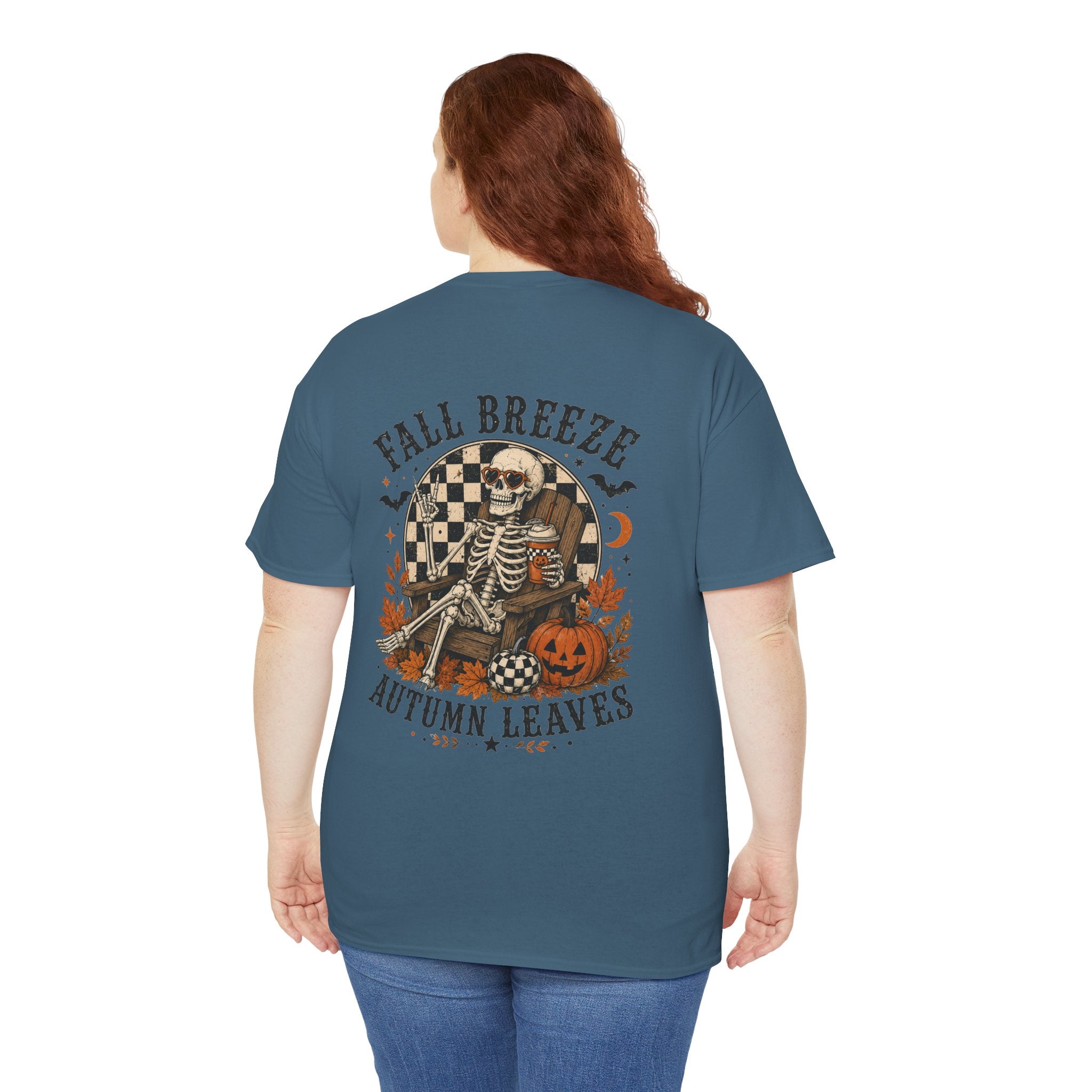 Fall Breeze Autumn Leaves Skeleton Tee | Double Sided Halloween Graphic Tee | Cr8tive Designs