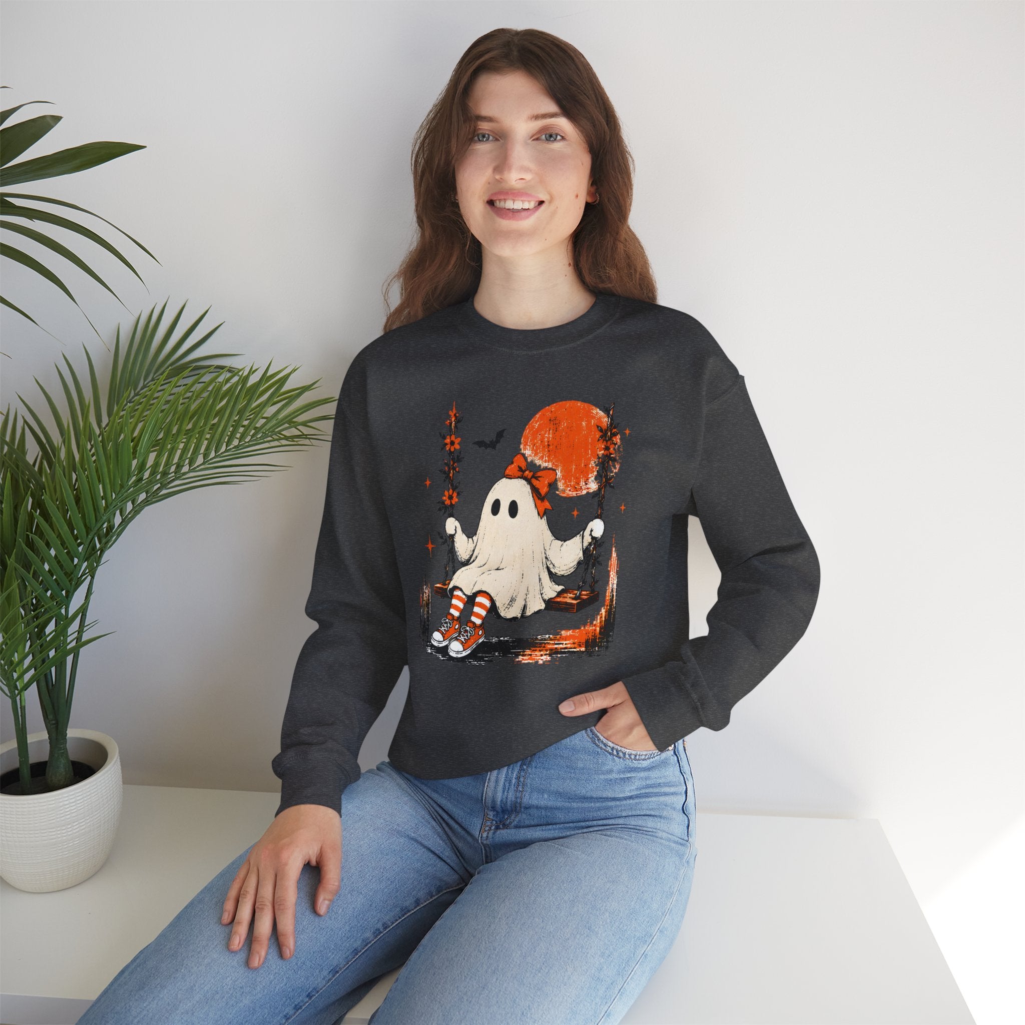 Retro Cute Ghost on Swing Sweatshirt | Vintage Coquette Halloween Graphic Crewneck | Cr8tive Designs