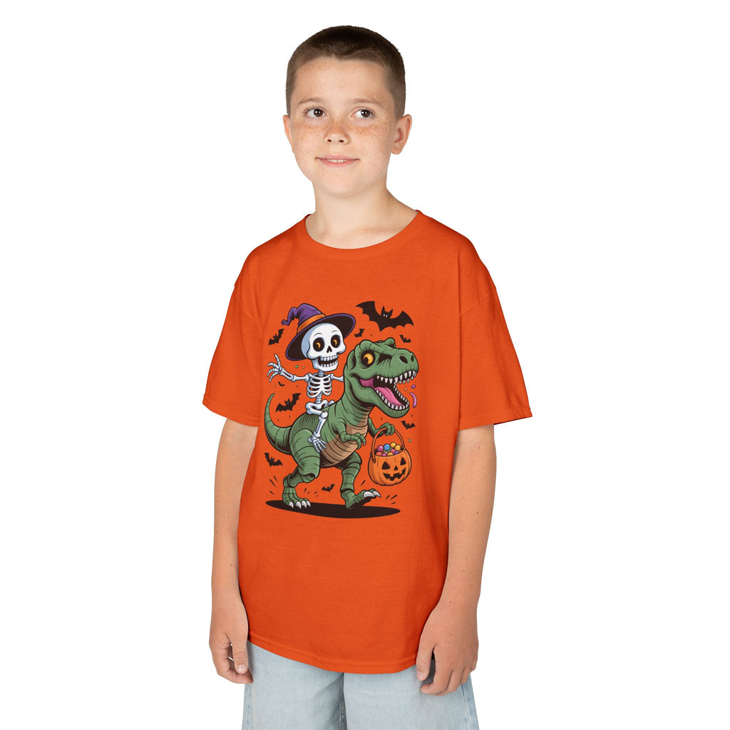 Skeleton Riding T-Rex Youth T-Shirt | Spooky Dino Halloween Kids Tee | Cr8tive Designs