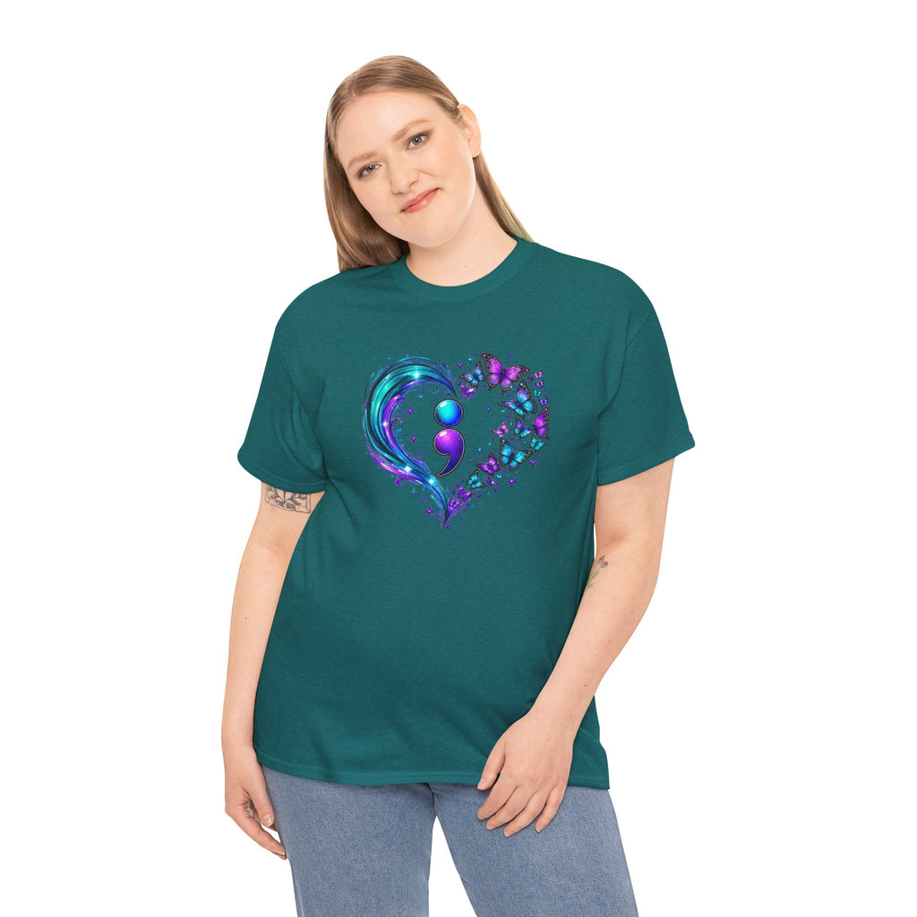 Semicolon Butterfly Heart T-Shirt | Teal & Purple Mental Health Awareness Graphic Tee | Cr8tive Designs