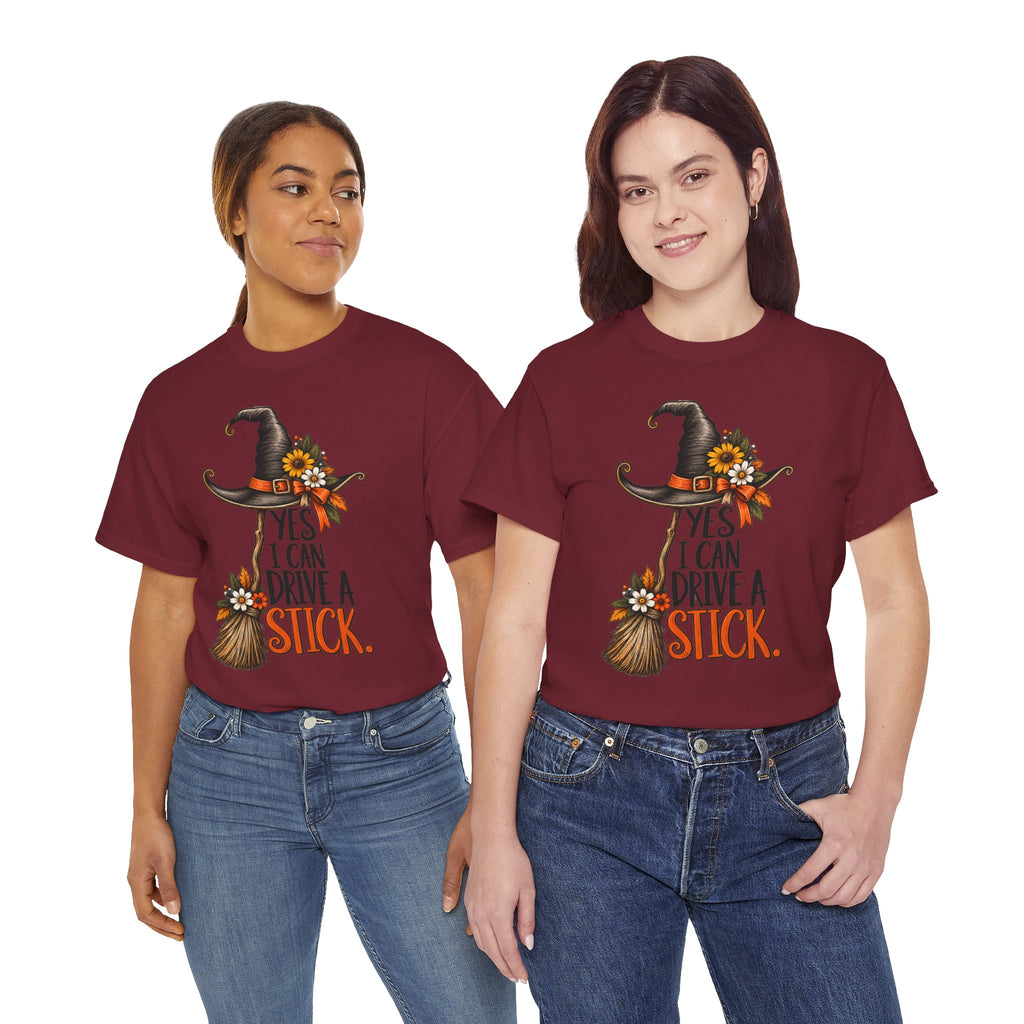 Yes I Can Drive A Stick T-Shirt | Funny Witch Broomstick Halloween Tee | Cr8tive Designs
