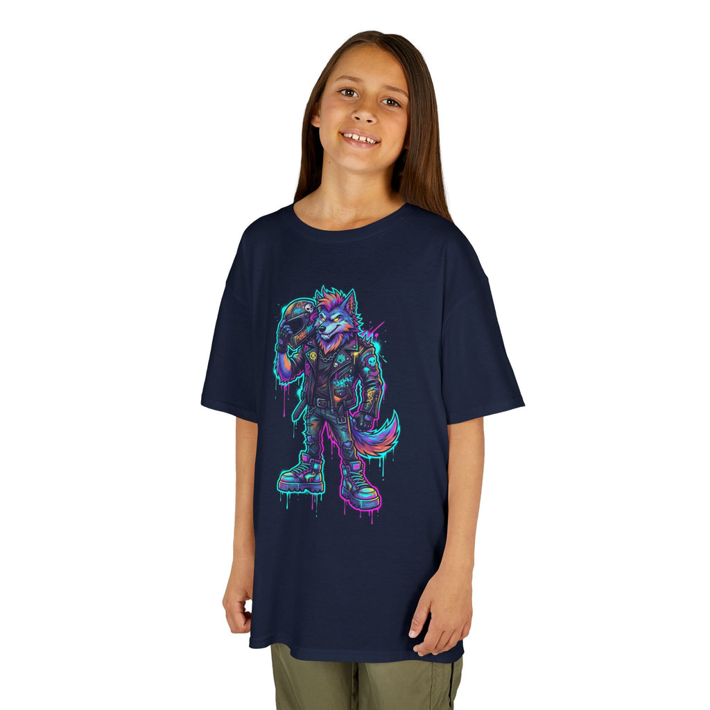Kids Wolf Character Tee | Neon Cyberpunk Fox-Wolf Gamer Shirt | Cr8tive Designs
