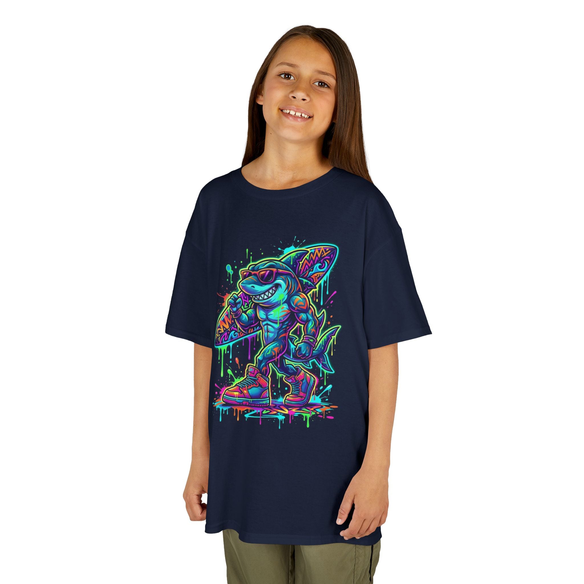 Kids Surfing Shark T‑Shirt — Neon Drip Graphic Tee | Cr8tive Designs