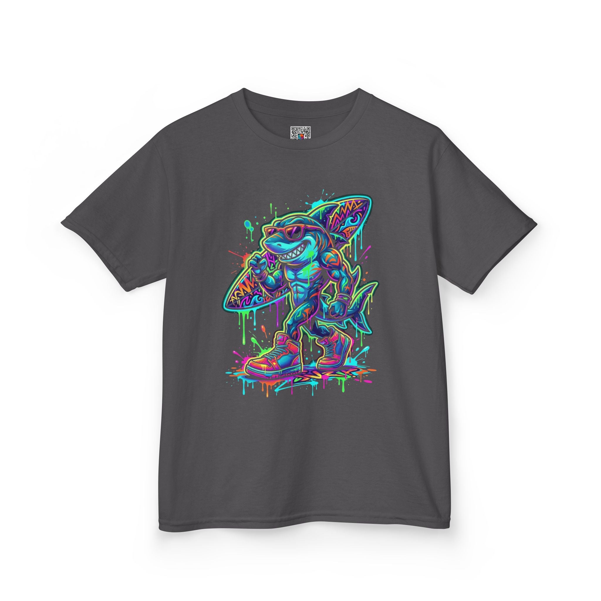Kids Surfing Shark T‑Shirt — Neon Drip Graphic Tee | Cr8tive Designs