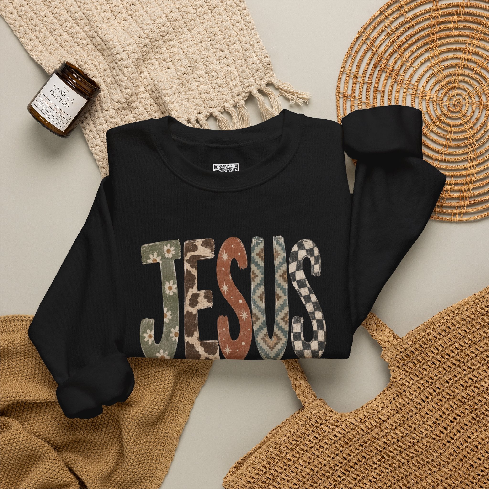 Patterned Jesus Western Sweatshirt | Southwestern Cow Print Faith Crewneck | Cr8tive Designs