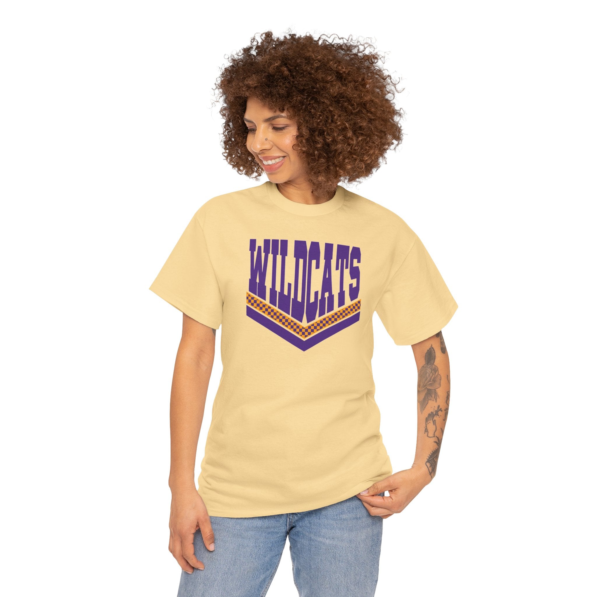 Wildcats Checkerboard Spirit | Purple and Gold School T-Shirt | Cr8tive Designs