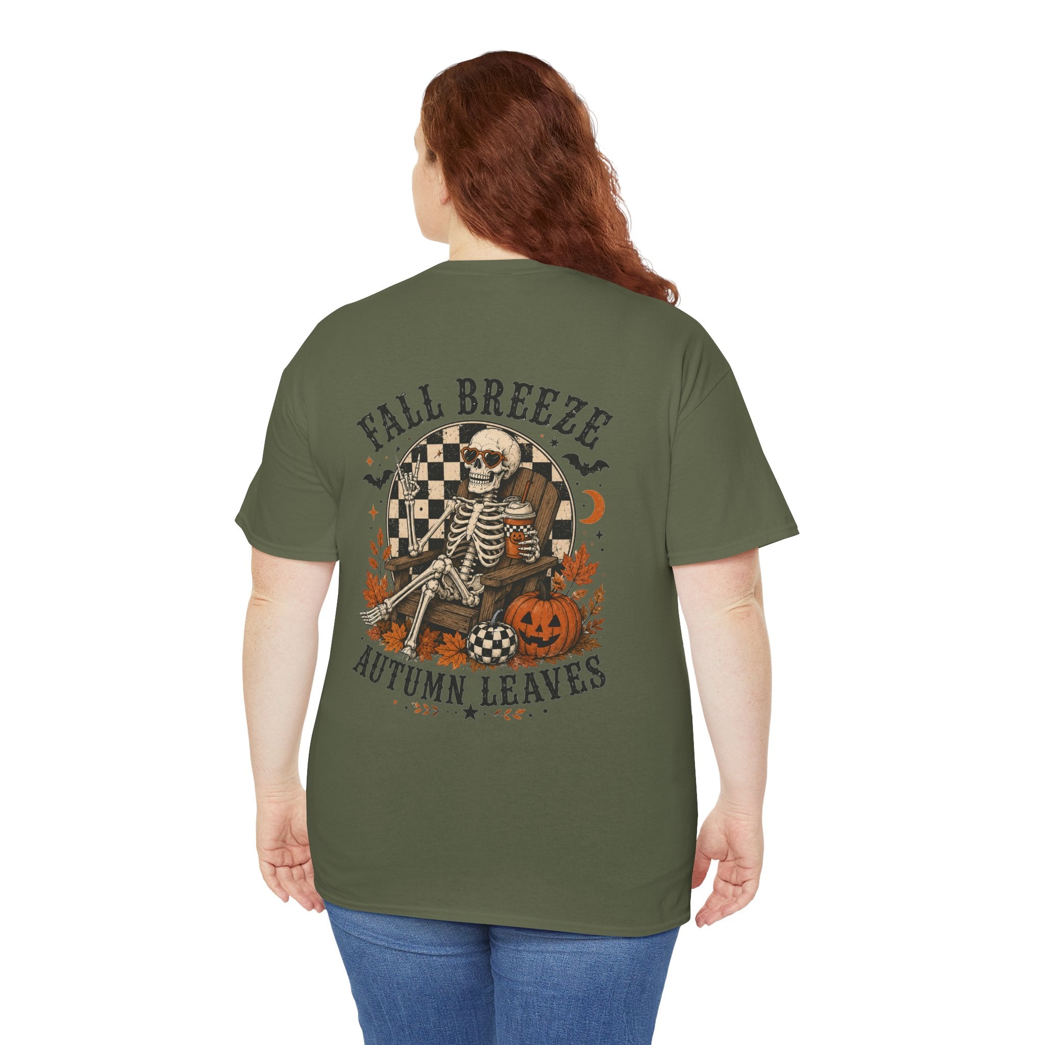Fall Breeze Autumn Leaves Skeleton Tee | Double Sided Halloween Graphic Tee | Cr8tive Designs