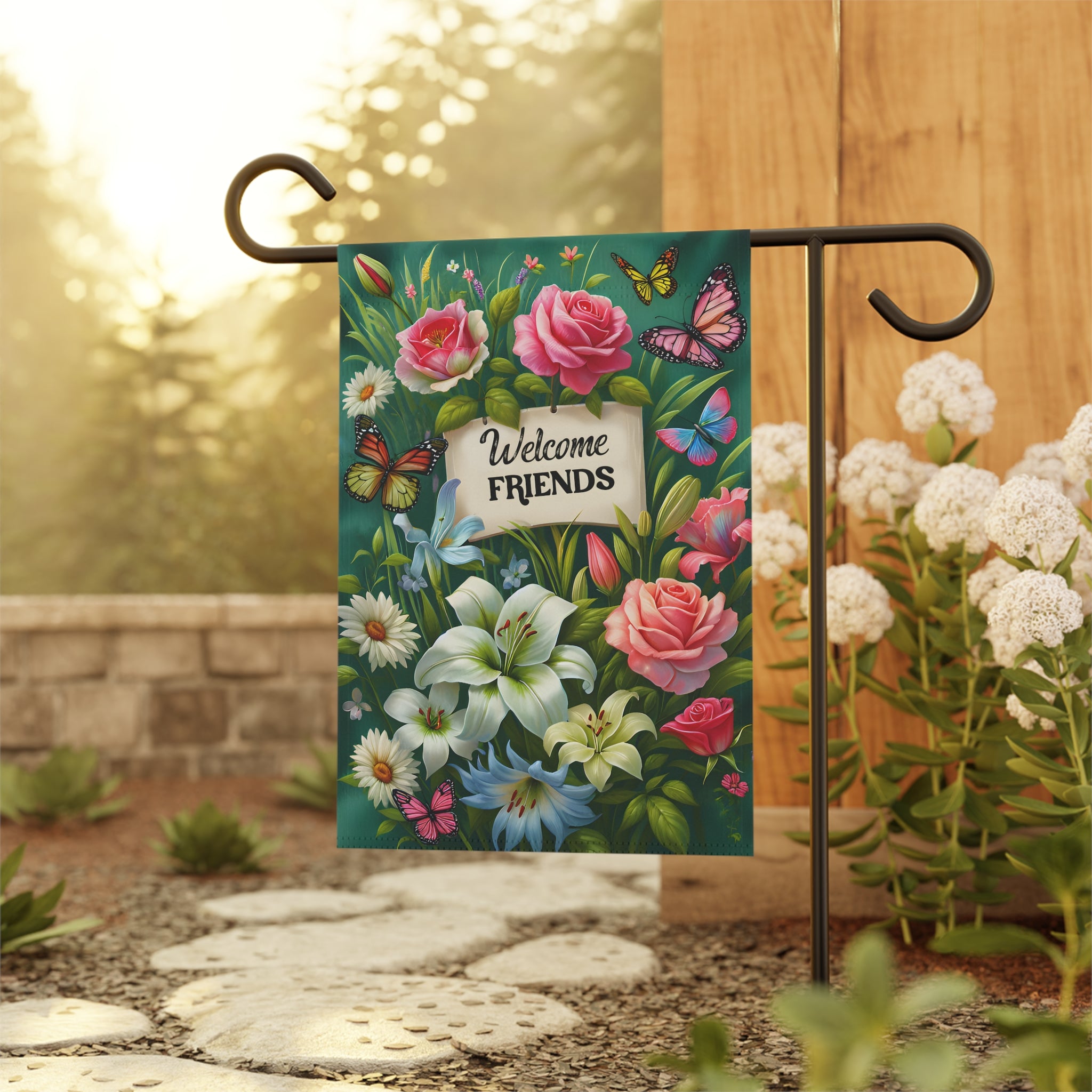 Welcome Friends Floral Garden Flag | Lily & Rose Garden Decor | Cr8tive Designs