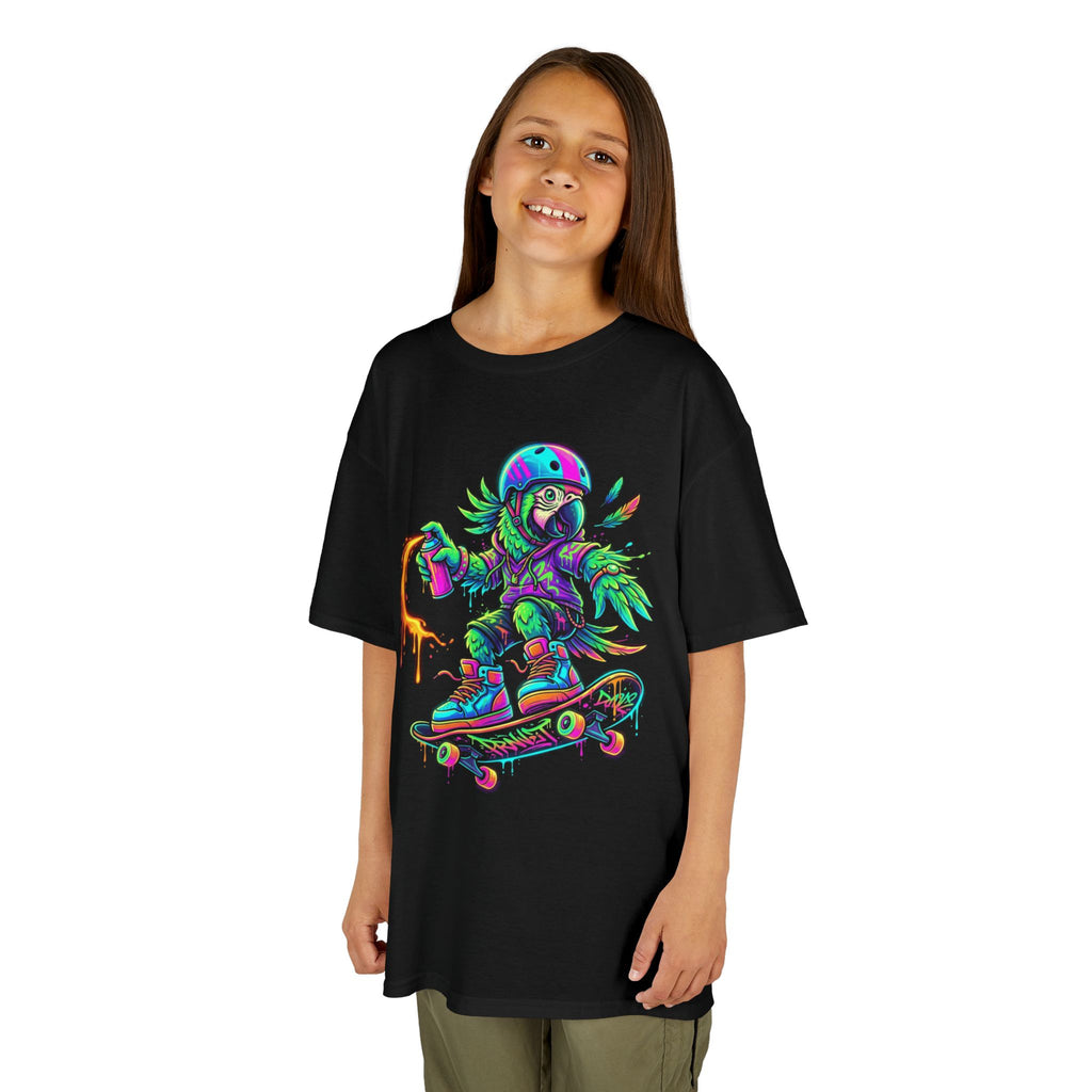 Kids T-Shirt | Neon Skate Parrot Skateboarder Graphic Tee | Cr8tive Designs
