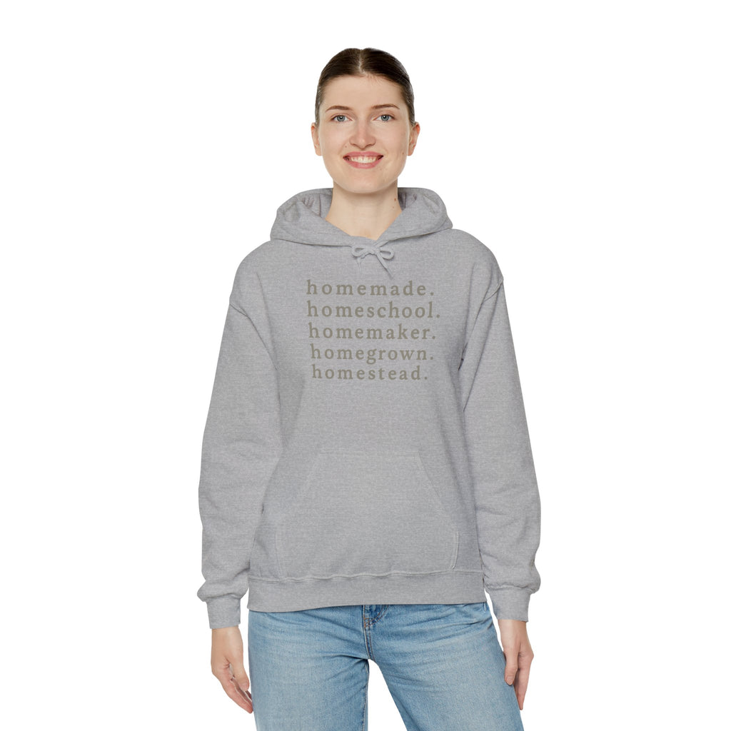 Homesteader Hoodie — "homemade. homeschool. homemaker. homegrown. homestead." Cozy Farmlife Sweatshirt