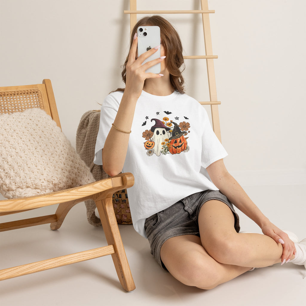 Witch Ghost & Pumpkin Tee | Vintage Spooky Season Graphic T-Shirt | Cr8tive Designs