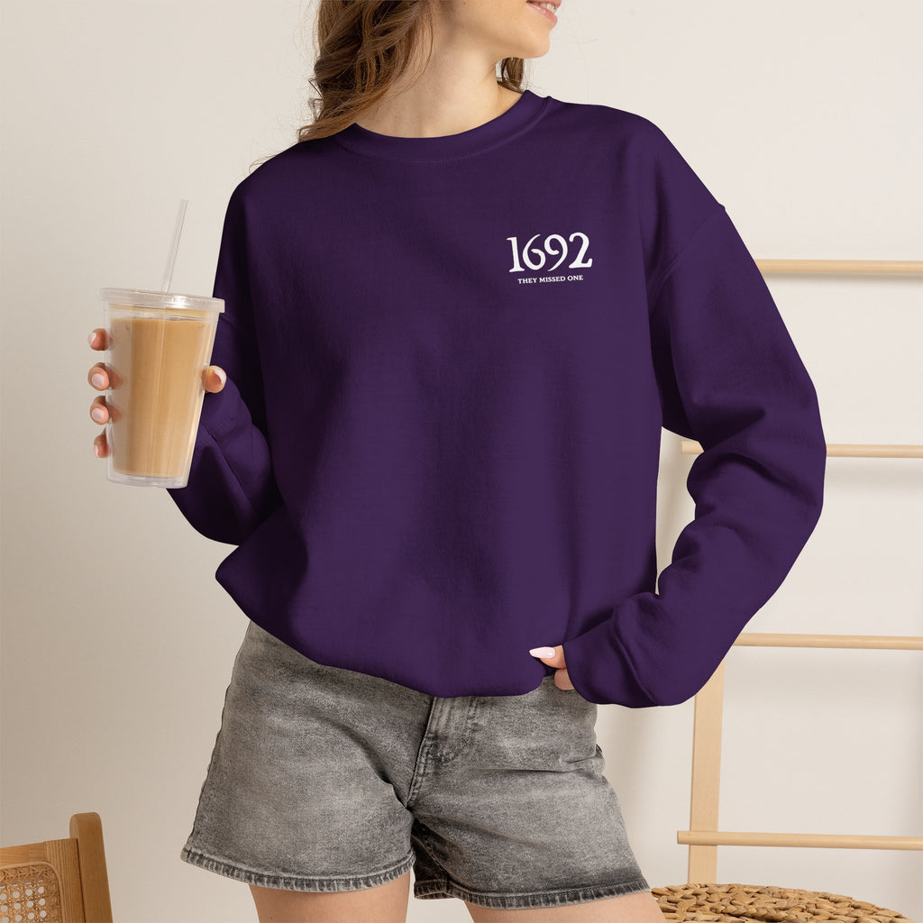 1692 They Missed One Sweatshirt | Minimalist Witchy Chest Graphic Crewneck | Cr8tive Designs